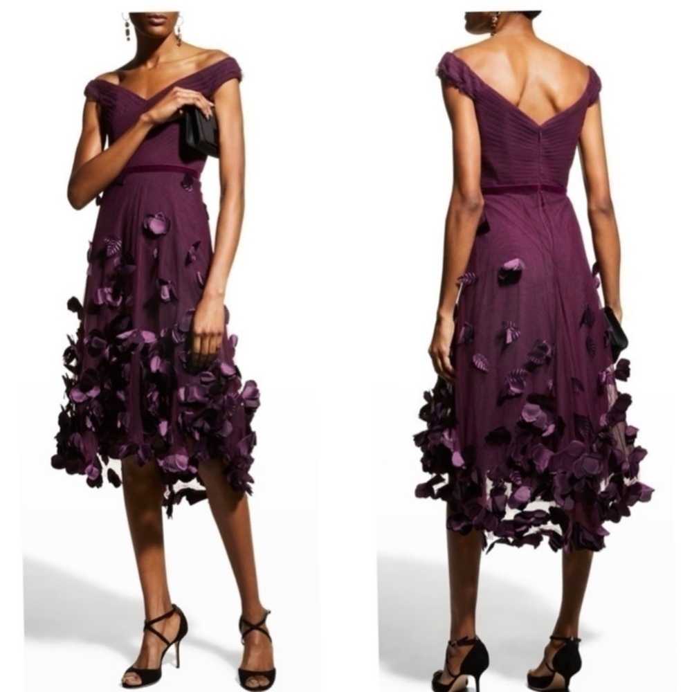 Marchesa Notte Off-Shoulder High Low Midi Gown Dress w/ 3D Flowers size 8 NEW